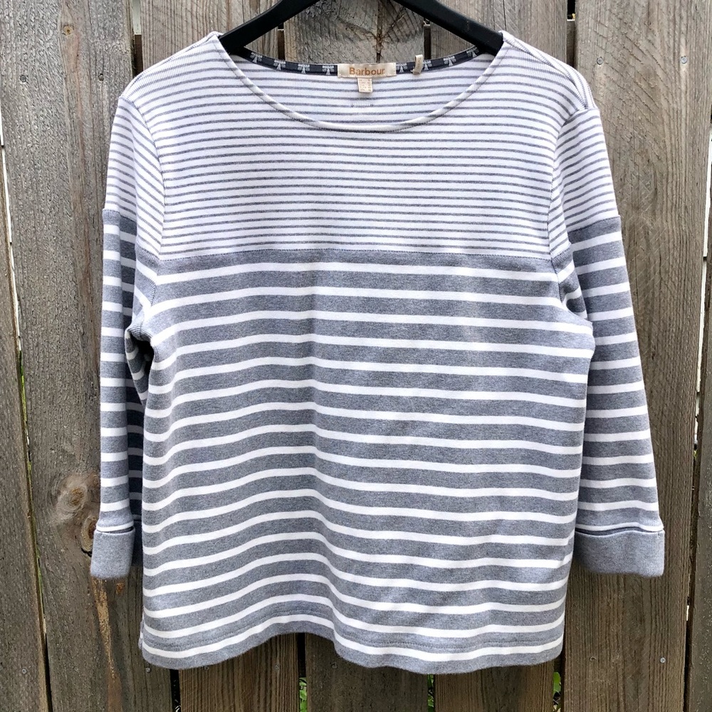 Barbour Gray and White Striped Long Sleeve Tee